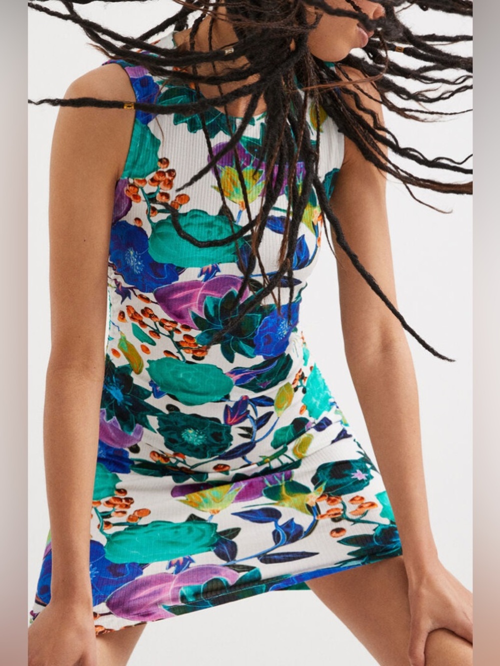 Desigual Floral Ribbed Knit Sleeveless Mini Dress S Side Ruching Bodycon Stretch - Picture 3 of 15